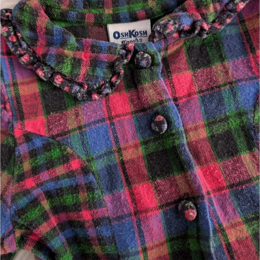 Vintage 1990s 90s Y2K Oshkosh Flannel Plaid Long Sleeve Kids Dress Size 4